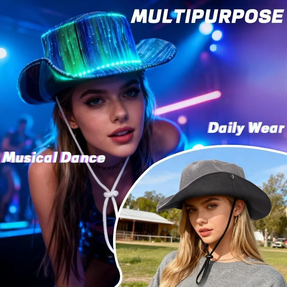 Women's Led Light Up Bucket Hat With 7 Color Modes & Rave Party Cowgirl Hat